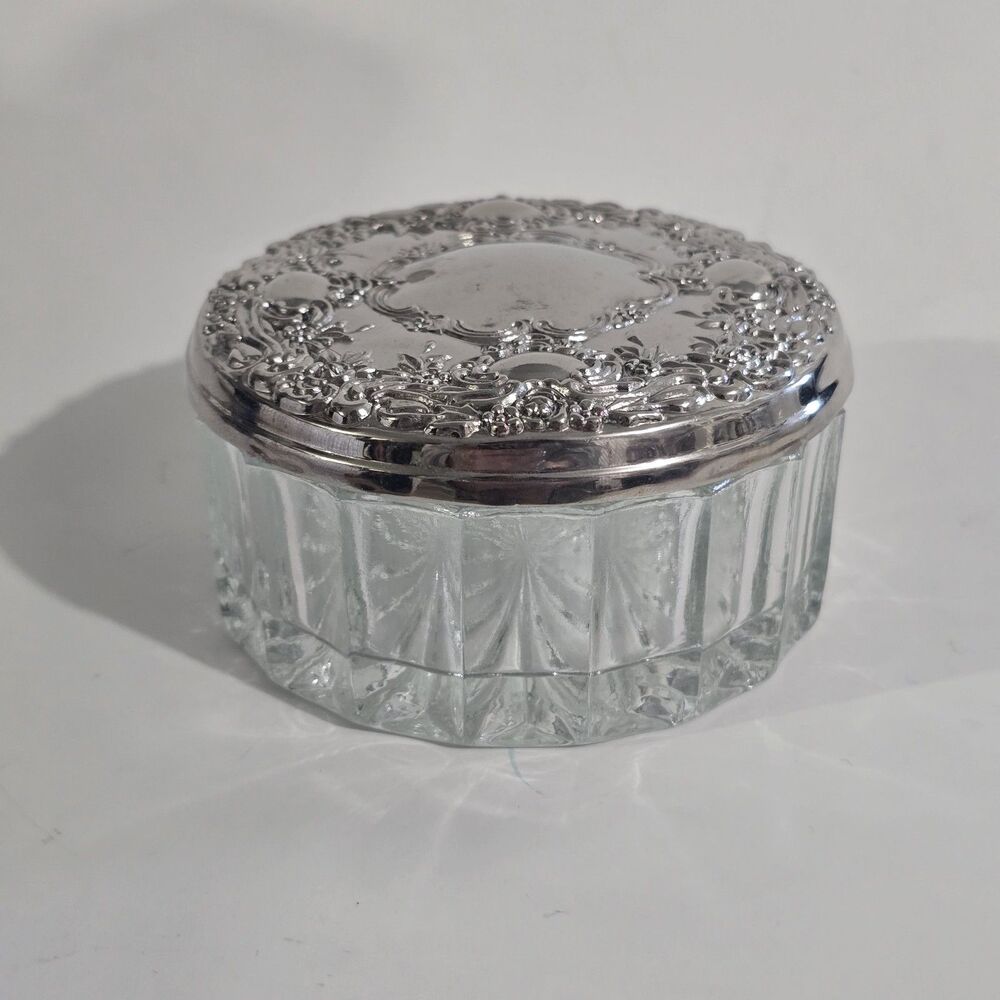 Vintage - Towle - Round Glass Dresser Jar Powder Box Plate Lid Mirror - Silver